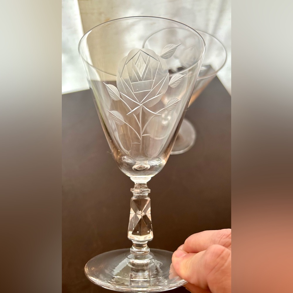 2 etched with roses, crystal wine, martini glasses.